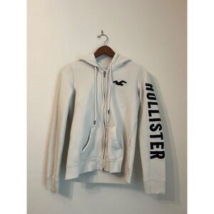 Hollister California Full Zip Hoodie Sweatshirt‎ Women's Small Cream Logo Sleeve